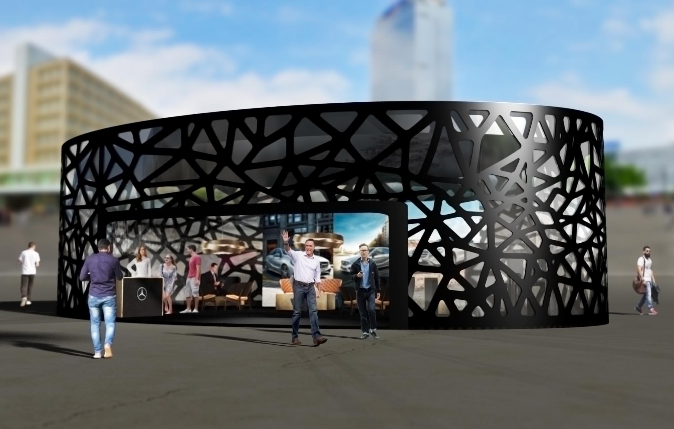 Messepavillon mit offener Front und futuristischem Design bei Tageslicht in urbaner Umgebung.