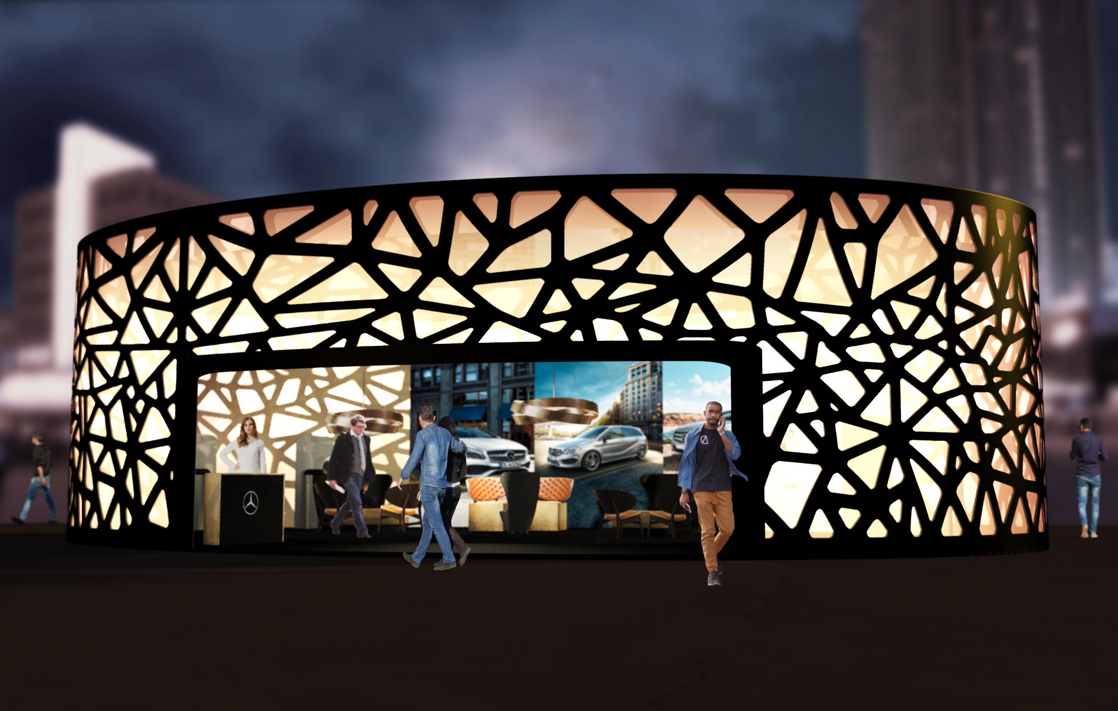Beleuchteter, runder Messepavillon mit organischem Fassadenmuster und Mercedes-Branding bei Nacht.