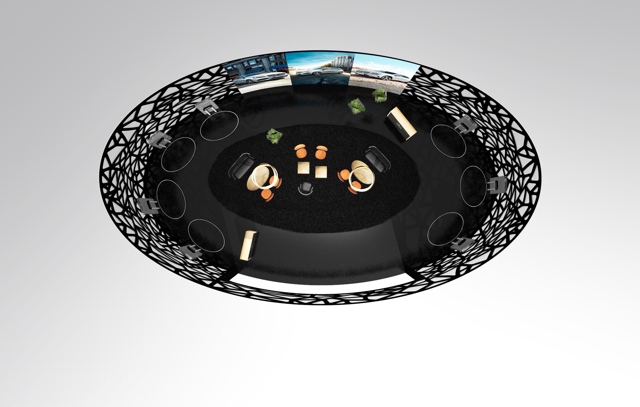 Obere Draufsicht eines runden, modernen Messebaustands mit schwarzen Gitterwänden und zentralem Loungebereich.