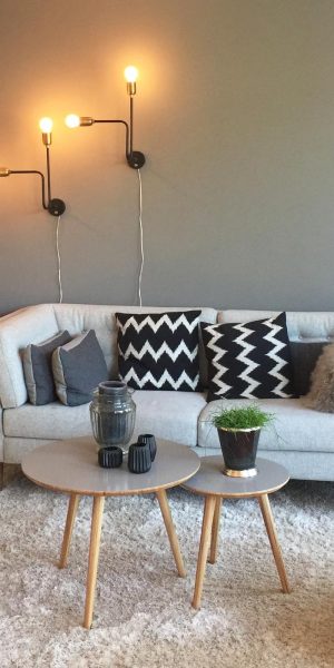 Ein stilvoll eingerichtetes Wohnzimmer mit grauer Couch, gemusterten Kissen, Designerlampen und einem modernen Schwarz-Weiß-Konzept.